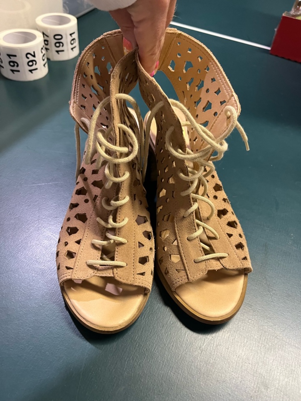 House of Harlow 1960 Tan Laser-Cut Lace-Up Block Heel Sandals - Picture 9 of 11